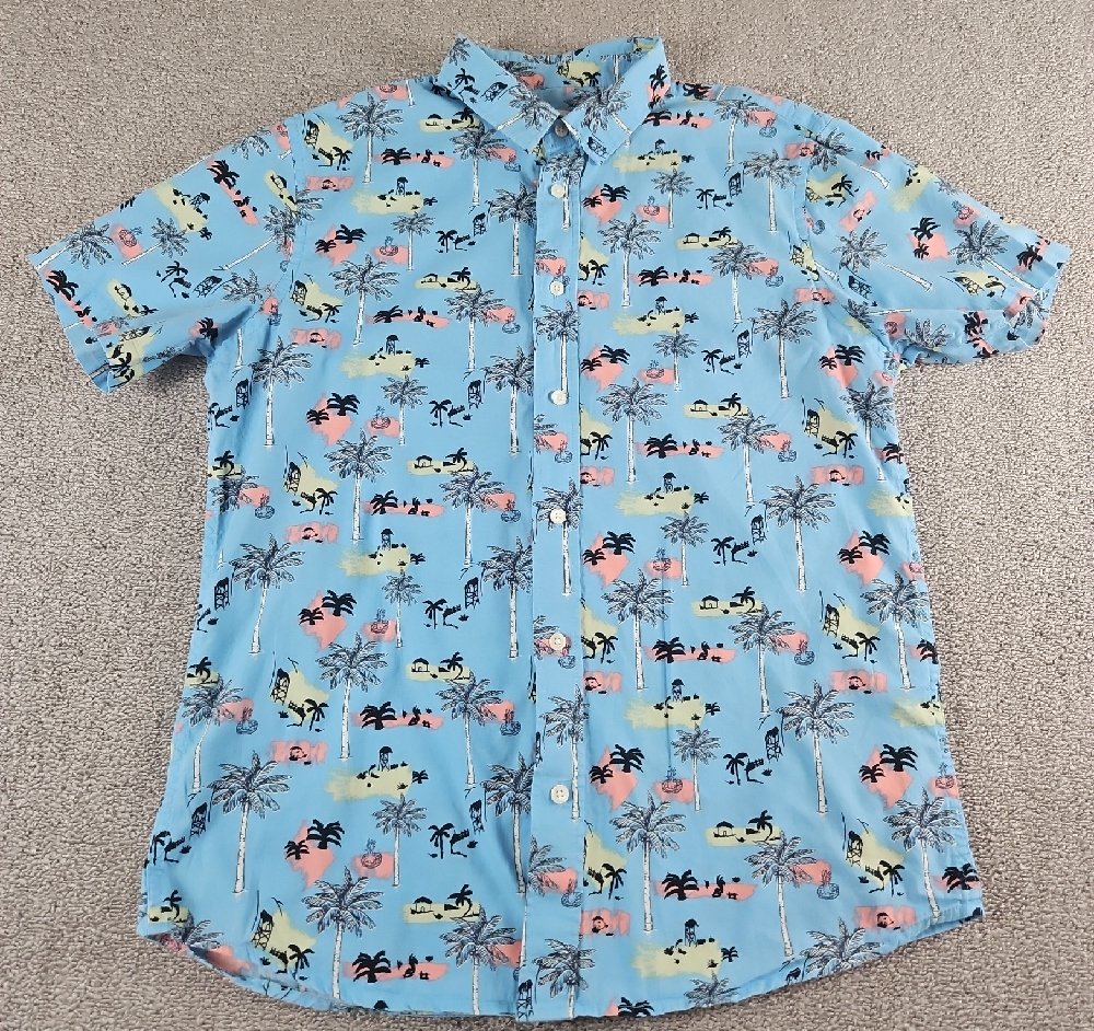 Cotton & Co. Mens Hawaiian Shirt Cotton Blue Pink Green Palm Trees Houses Medium